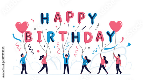 Small people holding large colorful balloon letters spelling out happy birthday message with confetti and heart balloons.