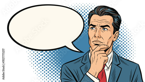 Thoughtful businessman in a suit with hand on chin looking away next to a blank speech bubble for custom message.