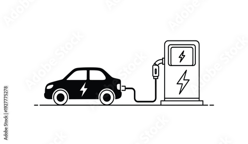 Electric car charging at a station with lightning bolt symbol on both