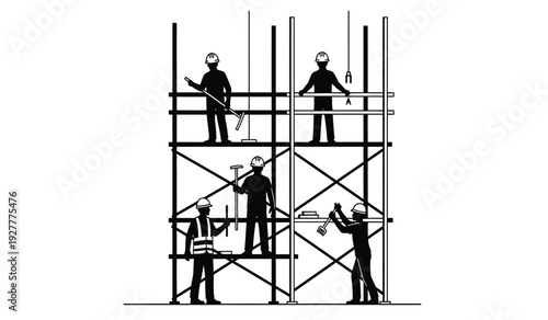 Construction workers on scaffolding with safety gear and tools