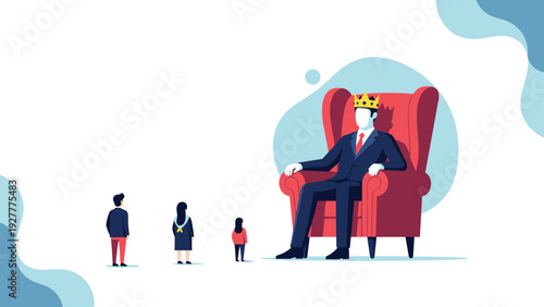 Powerful giant king sitting on a large red throne with a gold crown while a group of small people look up at him in awe.
