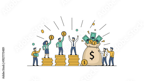 Successful group of people celebrating financial success with large coins, stacks, and a giant bag of money with dollars.