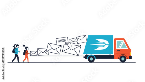 Logistics concept showing a delivery truck transporting many mail envelopes with people walking together next to it.