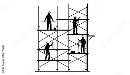 Silhouette of construction workers on scaffolding structure with tools and equipment