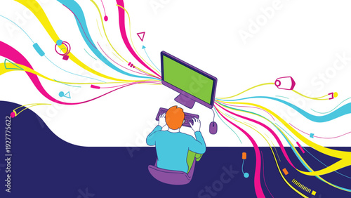 High angle view of a person using a computer with vibrant colorful waves and streams of data flowing from the screen.