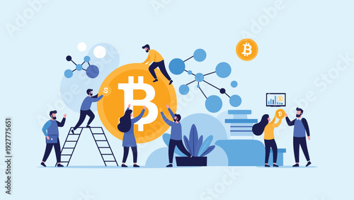 Cryptocurrency concept with people interacting with a giant bitcoin coin and digital network nodes and charts.