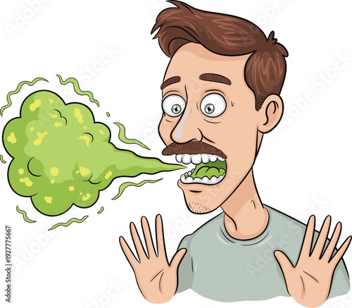 Cartoon man with mustache exhaling smelly green breath cloud, bad breath concept illustration isolated on white background