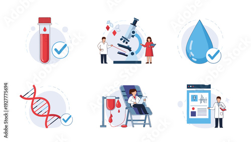Set of medical icons including blood test tube, microscope research, DNA helix, and laboratory analysis with doctors.