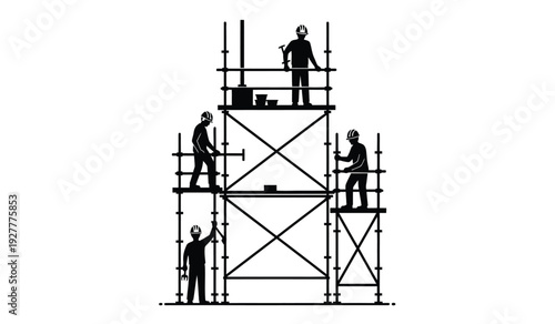 Four construction workers on scaffolding structure for building and renovation projects