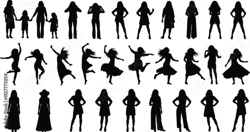 Set, of, Black, Women, Silhouettes, Standing, Dancing, and, Jumping, Poses, with, Kids, Isolated, on, White, Background, for, Graphic, Design, and, Fashion