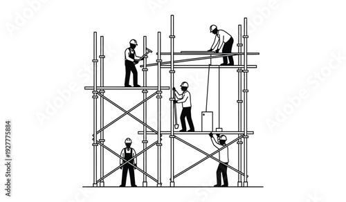 Workers on scaffolding structure for construction and maintenance purposes in an industrial setting with safety gear