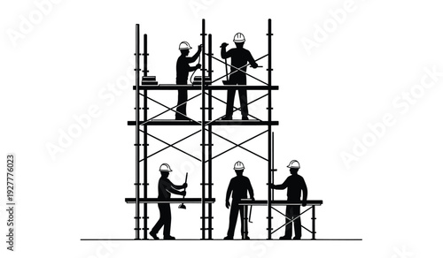 Construction workers on scaffolding with hard hats and safety gear