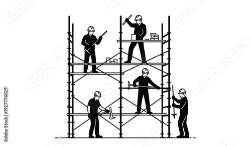 Workers on scaffolding in construction site with people working at different levels