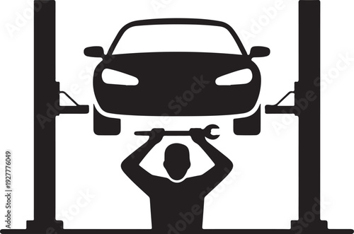 Car on lift and mechanic icon, vector. Car service repair simple illustration.