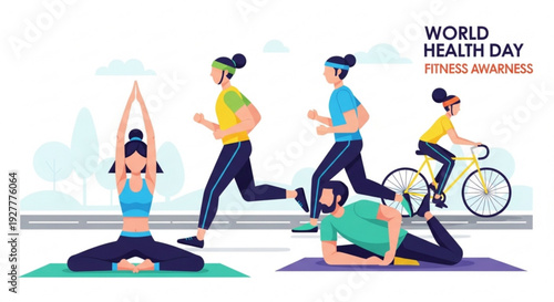 People engaging in various fitness activities on world health day for fitness awareness and wellness