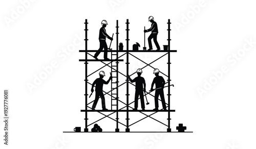 Black silhouette illustration of construction workers on scaffolding structure
