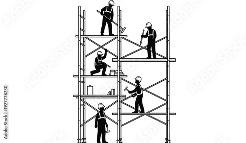 Black silhouette of construction workers on scaffolding structure with various tools and equipment