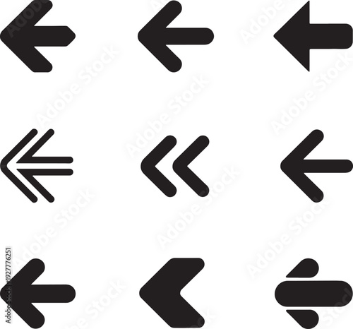Black solid left arrow vector icon set for UI back navigation, previous page controls, and direction indicators