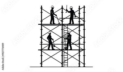 Black silhouette of construction workers on scaffolding structure with tools and equipment