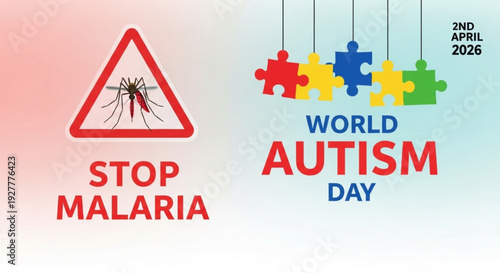 World autism day and stop malaria awareness signs with puzzle pieces and mosquito warning symbol