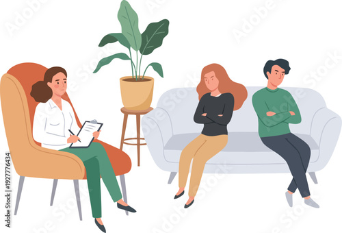 Couple therapy session with counselor observing disagreement vector illustration