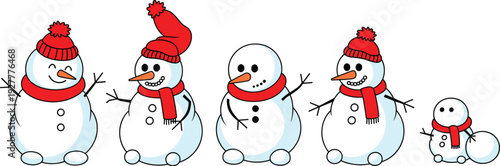 Cute cartoon snowman set with red hats and scarves, winter holiday character collection isolated on white background