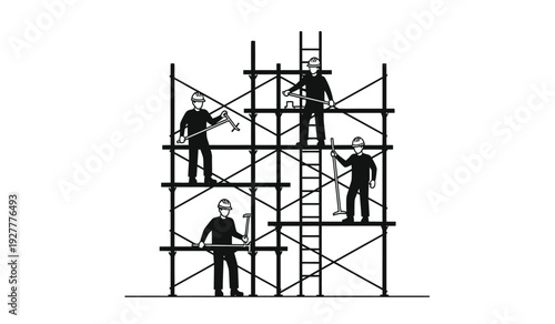 Four construction workers on scaffolding structure with ladder in black silhouette