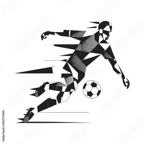 Dynamic soccer player depicted in a modern geometric black and white style