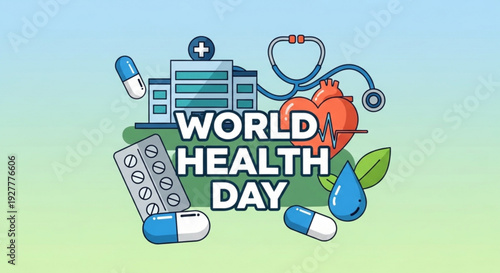 World health day illustration with medical icons and pills on a green background