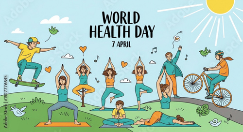 People engaging in various fitness activities on world health day promoting wellness and healthy lifestyle choices outdoors