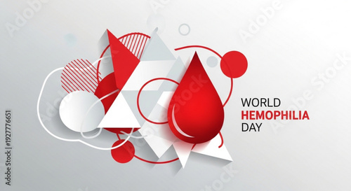 World hemophilia day awareness campaign with red blood drop and geometric shapes on gray background