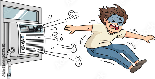 Freezing man blown by strong air conditioner wind feeling extreme cold isolated on white background cartoon illustration