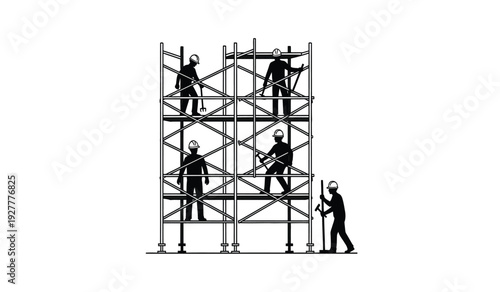 Black silhouette illustration of construction workers on scaffolding structure with one worker on ground holding pole