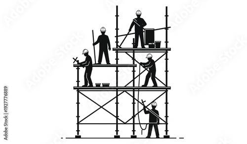 Black silhouette illustration of construction workers on scaffolding structure