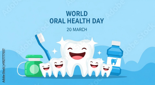 Smiling cartoon teeth with toothbrush toothpaste and water bottle on world oral health day