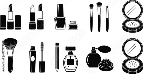 Makeup cosmetics silhouette icon set, lipstick, mascara, nail polish, perfume and powder compact vector collection for beauty salon branding and fashion design