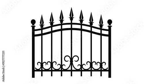 Black wrought iron gate with pointed tips and decorative scrollwork