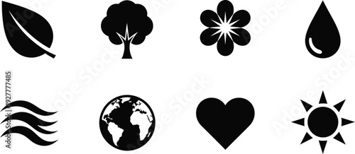 Collection of nature and love themed black icons