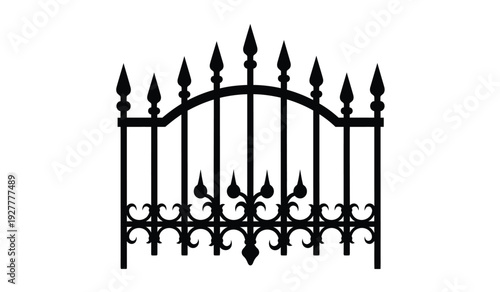 Black wrought iron fence gate with pointed pickets and decorative scrollwork