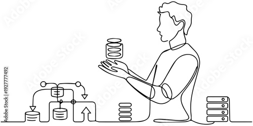 continuous one line drawing Businessman holding coins and finance icons vector
