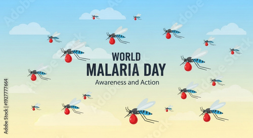 World malaria day awareness poster with mosquitoes flying in blue sky with clouds