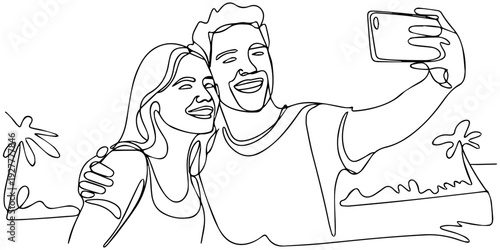 continuous one line drawing Couple taking selfie on beach vector illustration