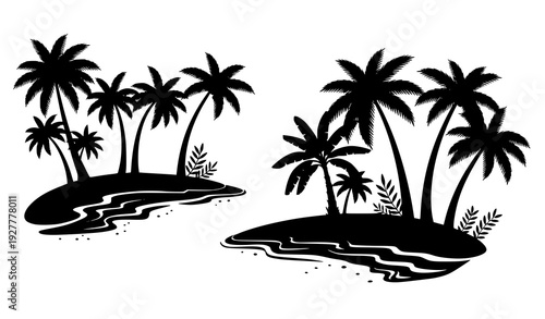 Black palm tree silhouettes tropical beach coconut banana trees vector isolated on white