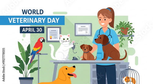 Veterinarian caring for dogs cat and parrot on world veterinary day april 30 in a clinic