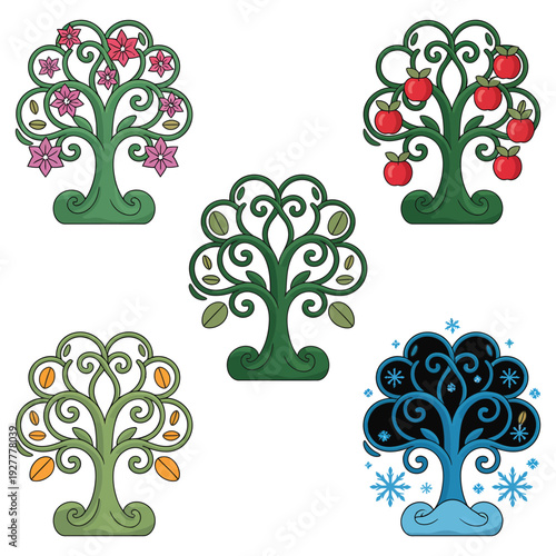 Wallpaper Mural Set of vector trees with floral and nature elements decorative illustration Torontodigital.ca