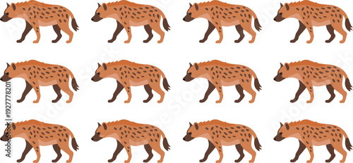 Spotted hyena character vector set featuring walking, running, and sitting poses of wild African animal