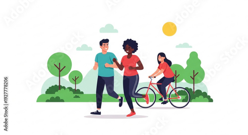 Diverse friends jogging and cycling together outdoors in park on sunny day with green trees