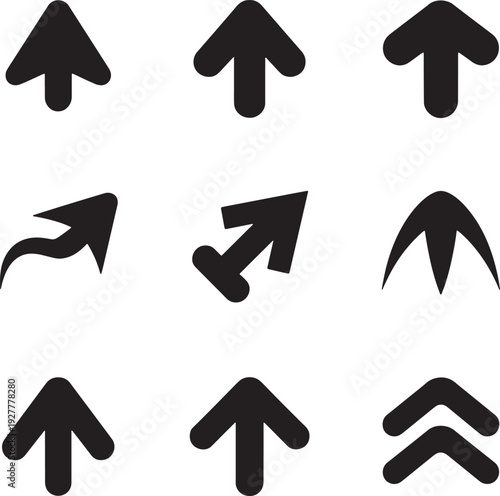 Black solid upward arrow vector icon set for UI navigation, progress tracking, and diverse direction indicators