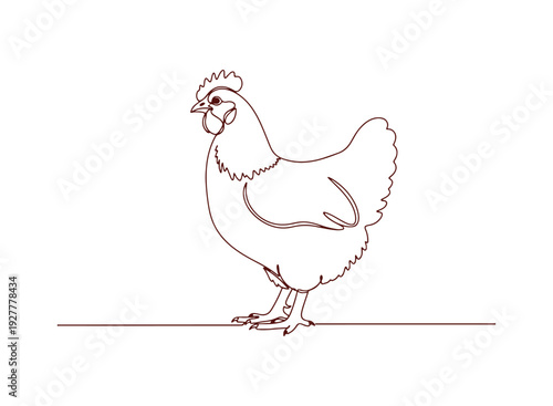 A hen represented in a continuous line art style. A simple, minimalist chicken design in linear form, set on a white background. Vector illustration.