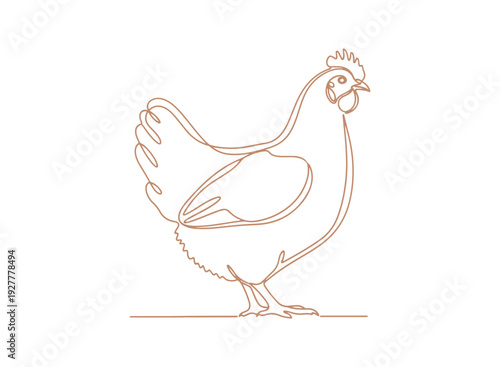 A hen depicted in a continuous line art style. A minimalist chicken design in linear form, set against a white background. Vector illustration.